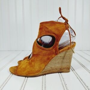 Aquazzura Sexy Thing Suede Wedge Sandal Cognac Brown Lace Back Heels B461